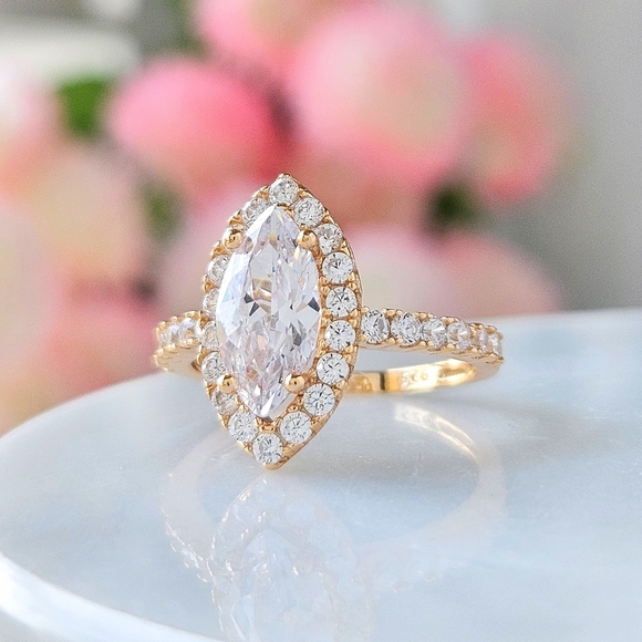 Gold marquise ring, 925 Sterling Silver, 10k Gold Finish Charmed Aroma - Picture 3 of 3